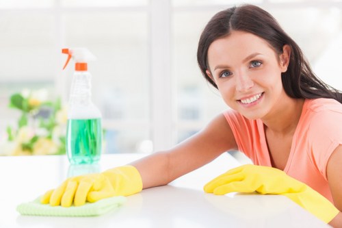 Cleaner conducting a safe cleaning task with protective measures